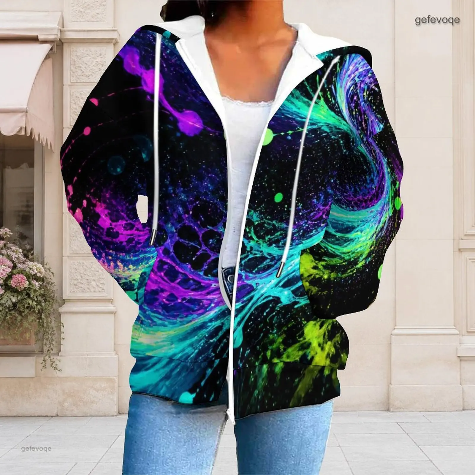 Women All Over Neon Cosmic Swirl Print Long Sleeve Full Zip Drawstring Hoodie