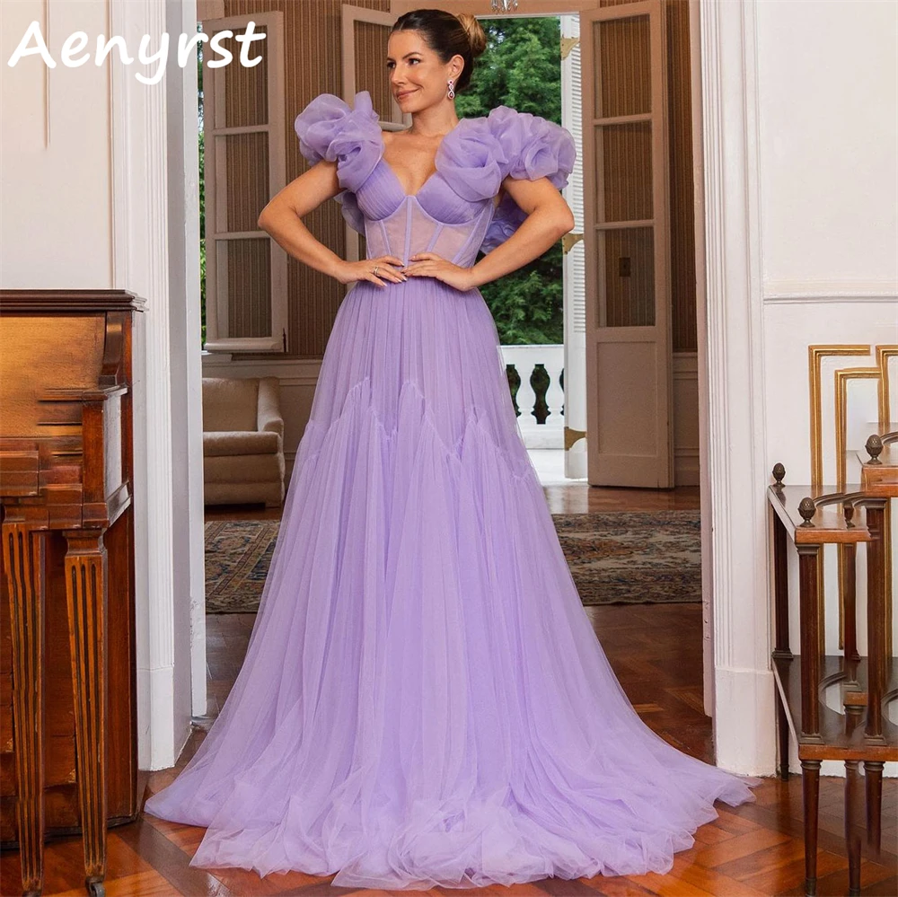 Aenyrst lila Schatz Rüschen Abschluss ball Kleider eine Linie Tüll Abendkleider boden lange Hochzeits feier Kleid elegant فساتين الس카رة