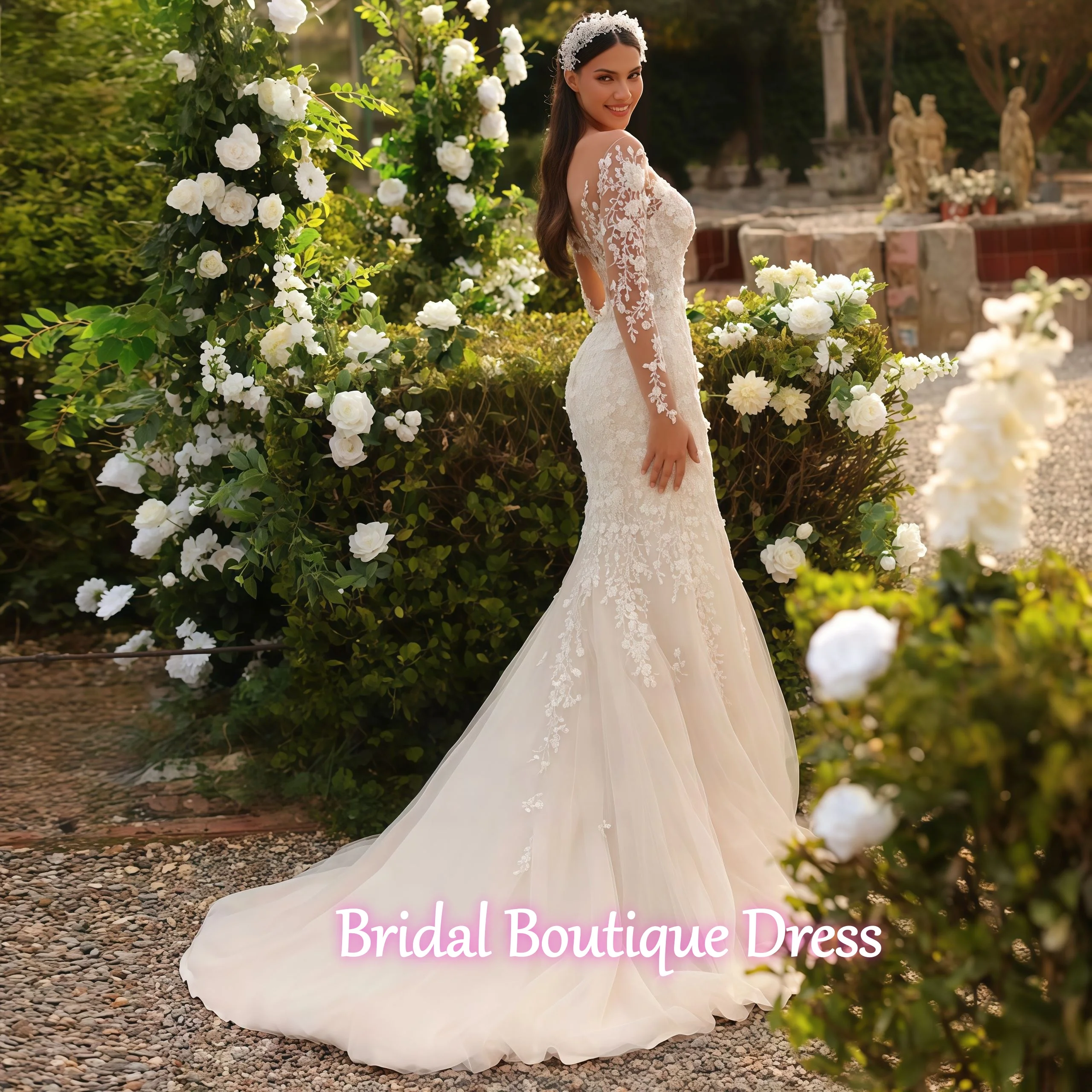 Customized Sexy Mermaid Wedding Dress O-neck Long Sleeve Bridal Gown Lace Detachable Trailing Vestidos De Novia Bride Gown