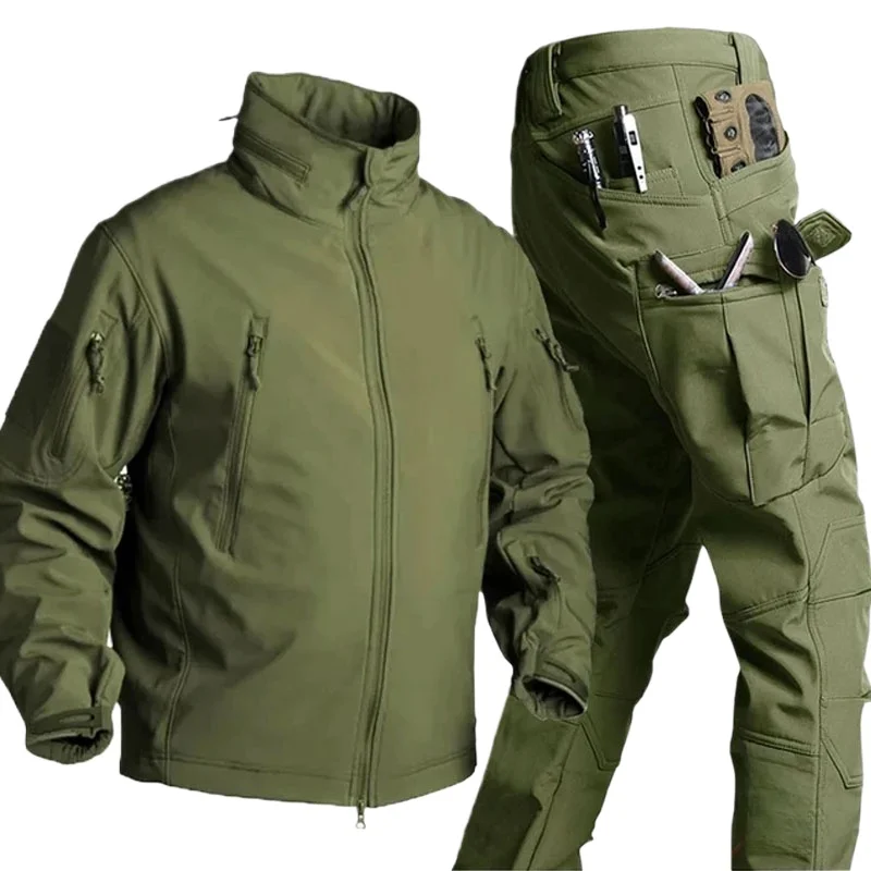 Winter Fleece Tactical Soft Shell Sets Mens Outdoor Waterproof Multi-Pockets Shark Skin Jackets Cargo Pants Hunting Suits Male