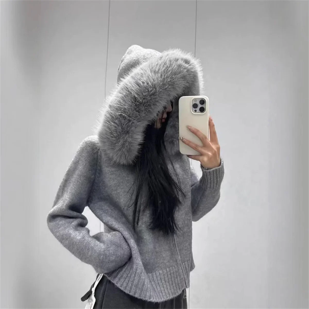 

Loose Zipper Kintted Jacket Oversized Cardigan Kintwear Women Winter Autumn Hooded Sweater Female Solid Fake Fur Knitting Coat