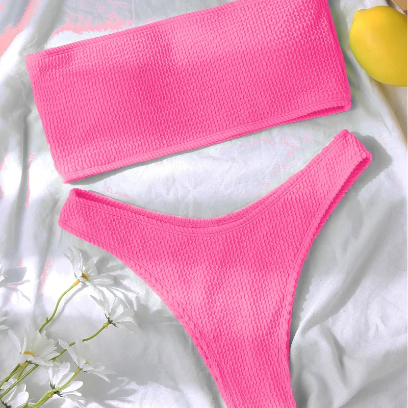 Maillot de bain brésilien texturé pour femmes, bikini à la mode, coupe haute, couleur unie, ensemble deux pièces, 2024