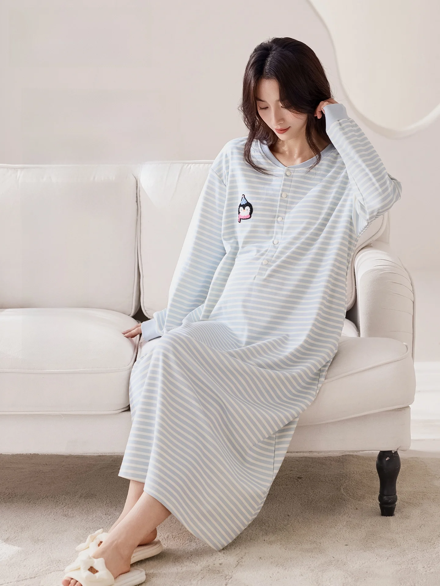 pure-cotton-maternity-nightgown-with-chest-pad-postpartum-sleepwear-for-pregnant-women-spring-autumn-hospital-home-clothes