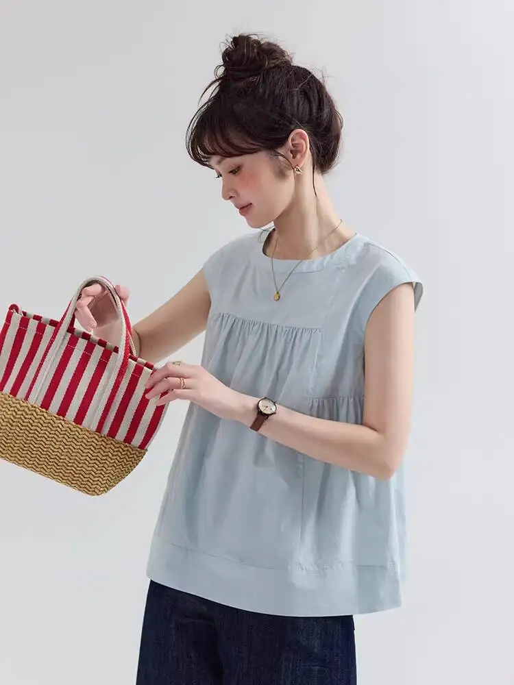 

2026 New Women 100% Cotton Sleeveless Ruched Shirt Casual Versatile Lightweight Summer Top For Daily Streetwear
