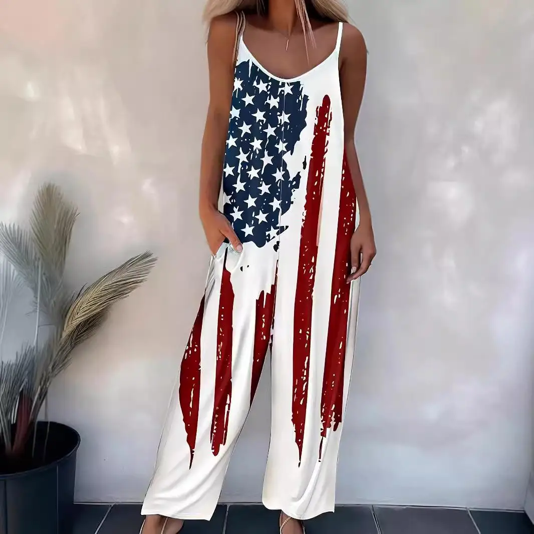 

Women's Adjustable Printed Csole Jumpsuit Pants Low Waist Long Leg Spring 2024 Polyester Fabric Ladies Faion Outfit