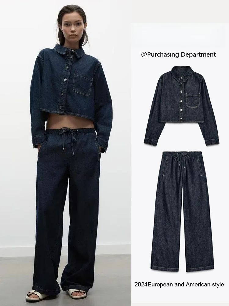 

Spring New Arrival Women's Long Sleeve Short Shirt Comfortable Denim Jeans Two-Piece Set Button Closure Casual Fashion Outfit