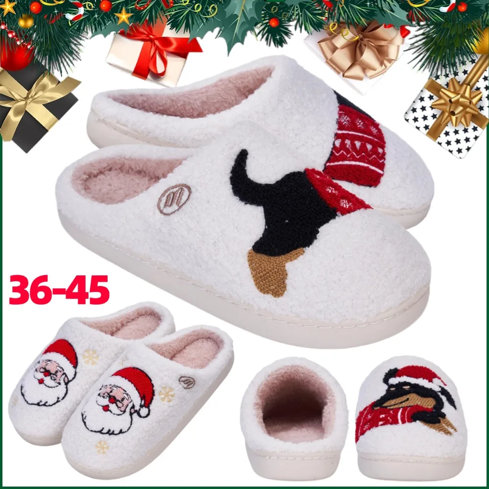 

Christmas Women Slippers Cute Dachshund Santa Claus Winter Warm Slides Couple House Shoes Bedroom Anti Slip Flat Sole Slippers