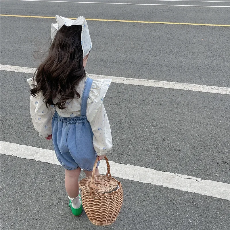 Children Set 2023 Spring Autumn Korean Style New Fashionable Girls Small Floral Flying Sleeve Shirt Denim Overalls Shorts Set