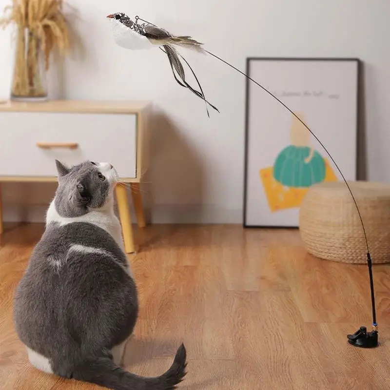 Long Cat Feather Wand Suction Cup Base Interactive Cat Feather Toys Funny Cat Toys For Indoor Cats Cat Teaser Cat String Toy