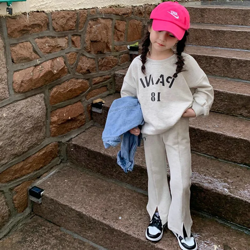

Girls' Fleece-Lined Thickened Letter Print Sweatshirt and Long Pants Set24Autumn and Winter New Fashion Foreign Trade Children's