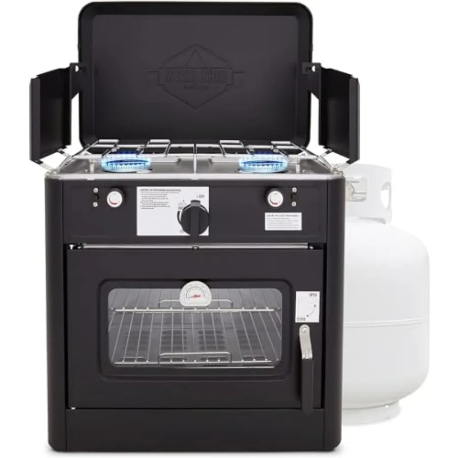 

Outdoor camping oven: propane-powered 2-burner stove with carry bag, CSA approved, auto ignition, overheat safety shutoff, buil