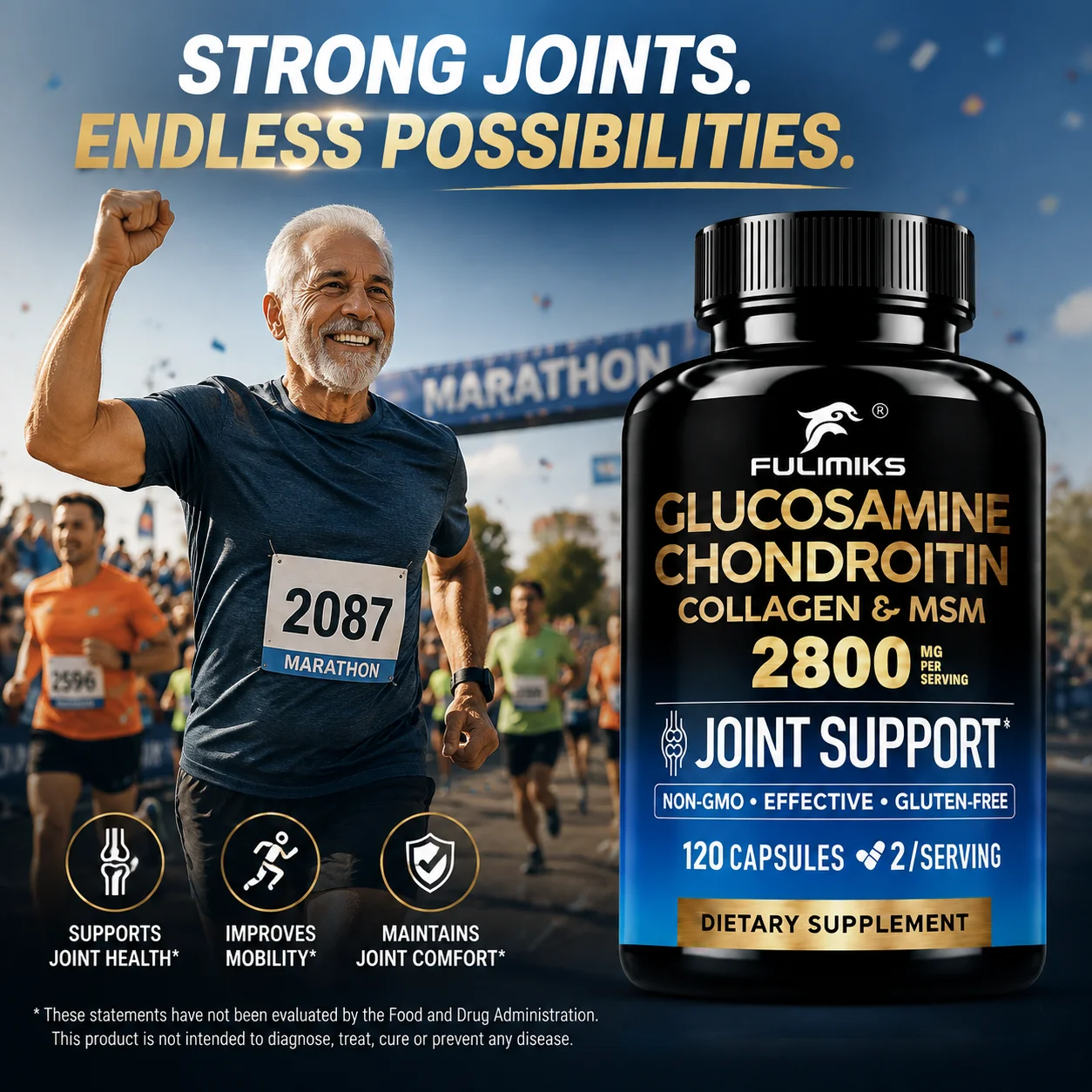 Advanced Glucosamine Chondroitin Capsules, with MSM & Hydrolyzed Collagen, Improve Joint Function, Strength,Flexibility,Mobility