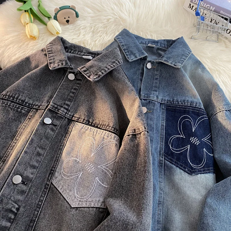 

American Sle Embroidered Patchwork Men's Denim Jaet Casual Loose Collar Spring Autumn Trendy Vintage Workwear Coat