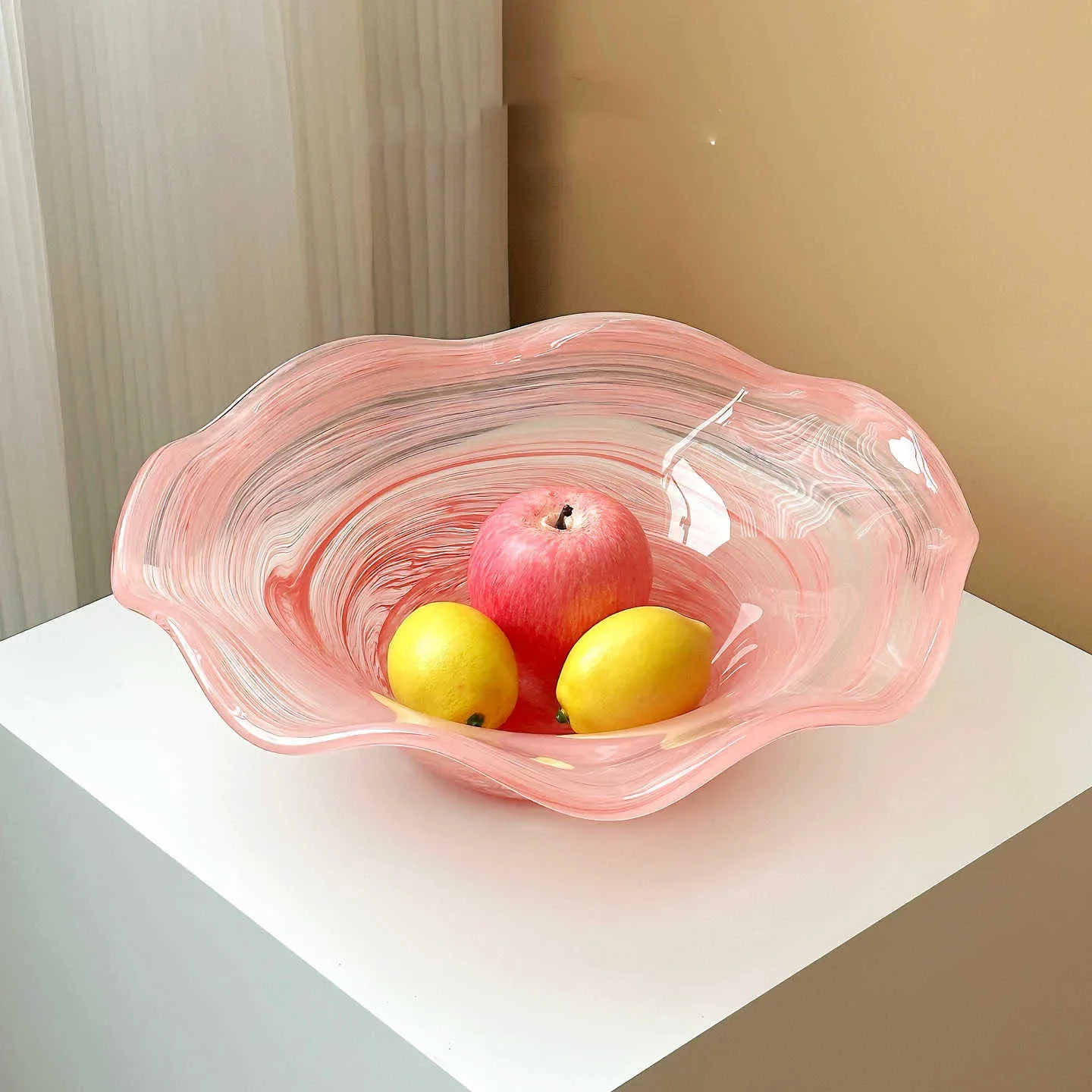 Glass Tray Pink Wavy Transparent Fruit Bowl Desk Storage Container Snack Plate Trinket Dish Trays Decorative Jewelry Dish