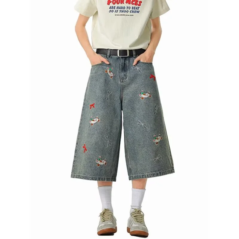 

2025 Summer Funny Embroidered Graphic Printed Jorts Men's Y2K Vintage Streetwear Denim Shorts Hip Hop Baggy Straight Bermuda