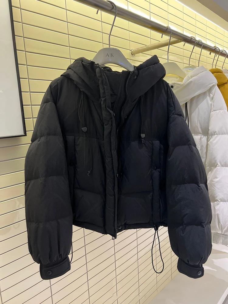 겨울 숏 후드 드로스트링 다운 재킷 여성 화이트 덕다운 루즈핏 파카 다운 재킷 여성 솔리드 지퍼 따뜻한 브레드 아우터