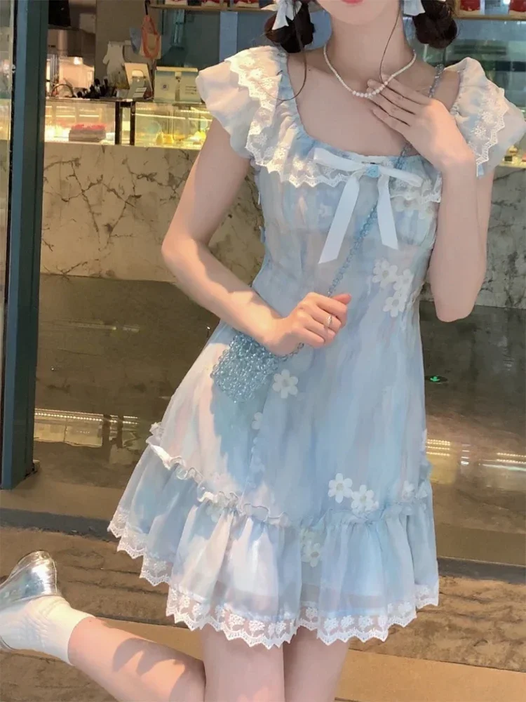 

Kawaii Japanese dress lolita y2k Sweet Blue Floral Dress Women Casual Evening Party One Piece Dress Korean Fashion Summer 2024