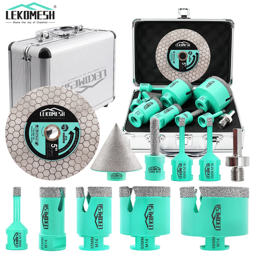 

LEKOMESH 11Pcs Diamond Drill Core Bit Sets Dia6-68mm Tile Hole Saw Opener+ 50mm Chamfer Bit+Dia125mm Cutting Blade M14 Tool Kit