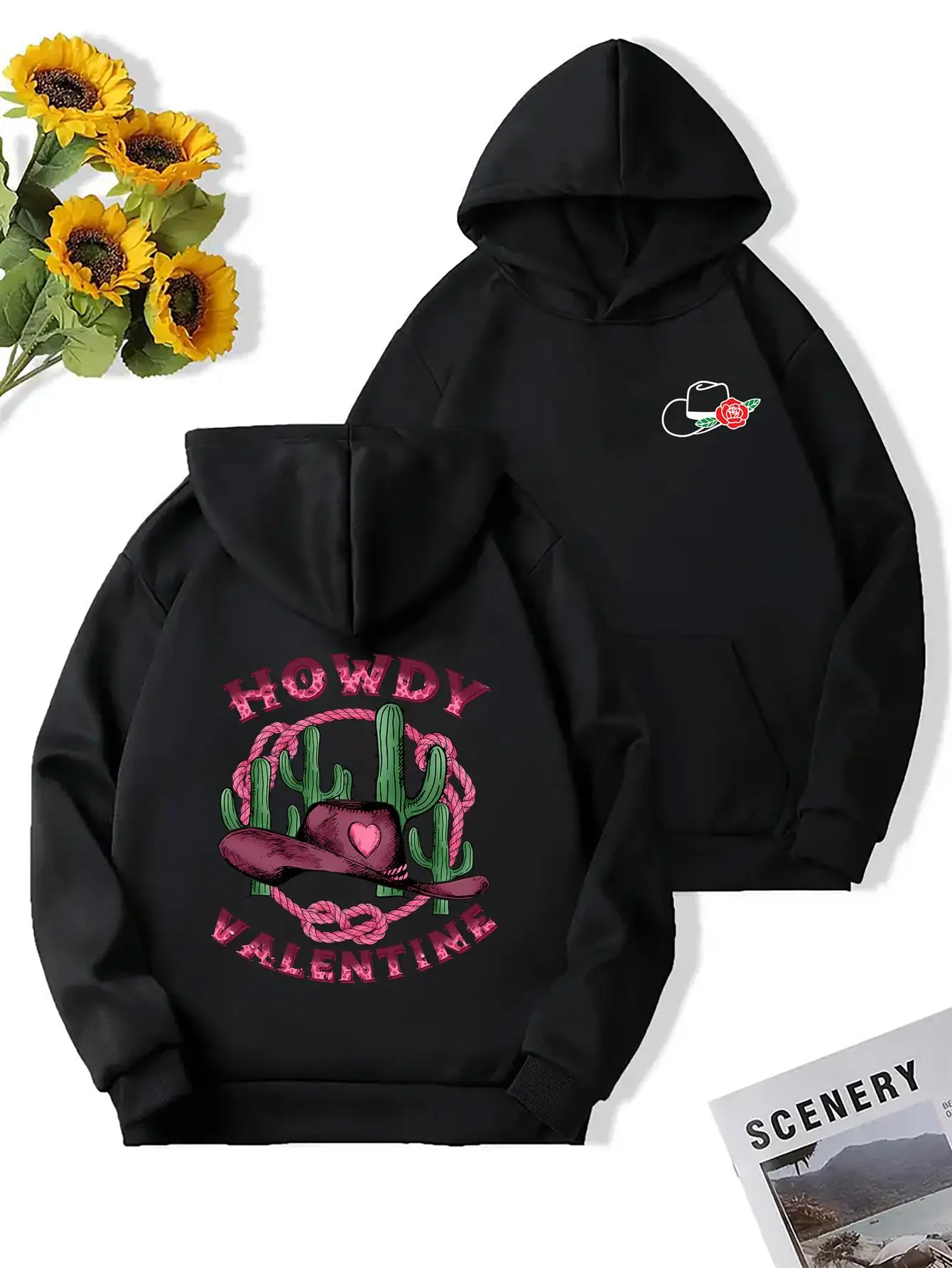 カンガルーポケットパーカー、ワイルドウェストカウボーイハット柄、レディース快適カジュアル長袖フード付きスウェットシャツ