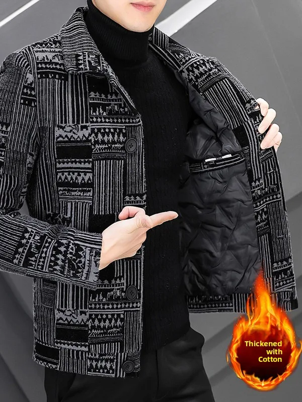 

Men's Sli Thiened Woolen Jaet Autumn Winter Warm Notch Collar Korean Sle Faionable Cotton Lined Youth Versatile Top