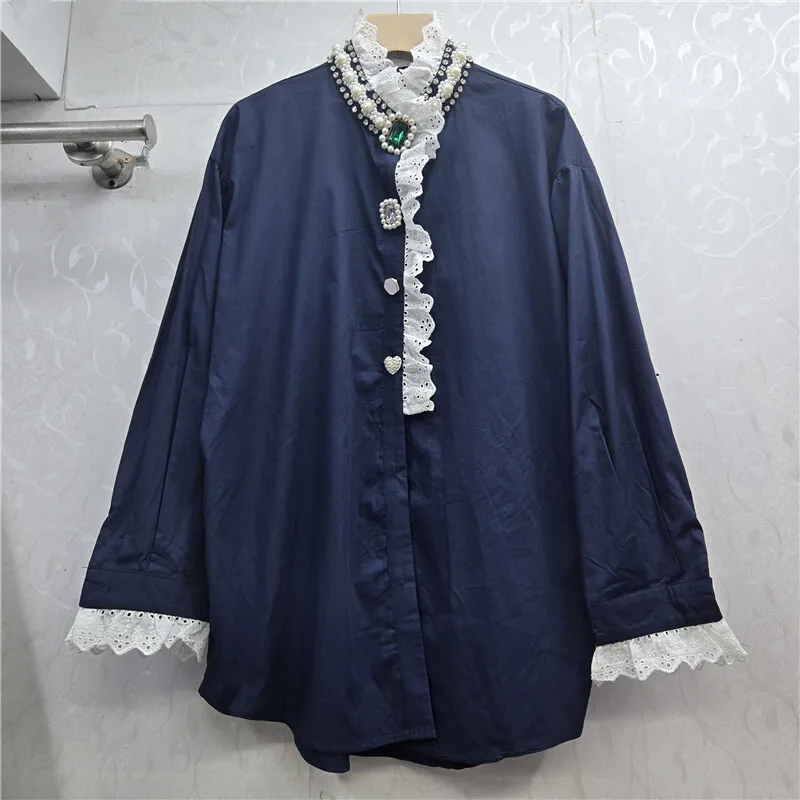WTHT Mode Nieuwe vrouwen Gesplitste Verstoorde Rand Kant Diamanten Gesp Shirt 2025, Herfst Trendy Stand Kraag Blouse Vrouwelijke 1LS2748