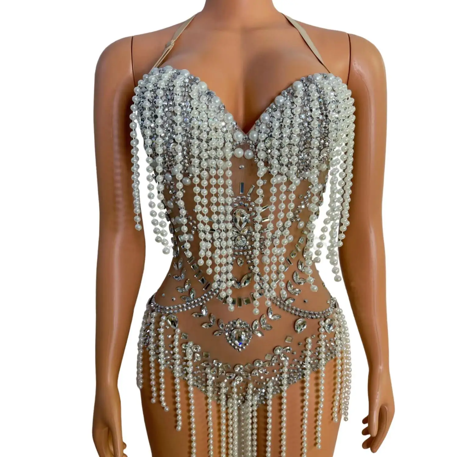 Fashion Pearl Rhinestones Stretch Acrobatics Clothing Women Evening Party Nightclub Bodysuit Rave Festival Clothing Show Costume