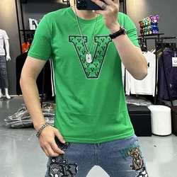 Men's T-shirt Luxury V Letter Printing Male Tees Summer New Causal Daily Wear Plus Size 7xl Cotton High Quality Man Clothing