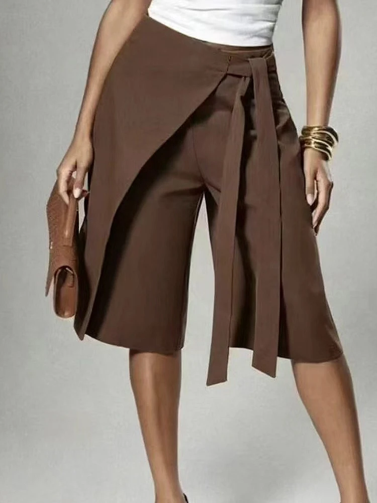 Women's Brown Wrap Overlay Tie Waist Culottes Fashion Mid Length Wide Leg Five Point Shorts Daily Summer Casual Office Outfit