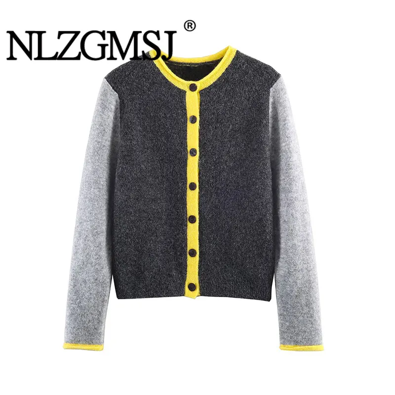 Nlzgmsj 2026 Damen Mode Strickjacken Langarm Vintage Farbblock-Pullover Neue Bürodamen Strickwaren Pullover