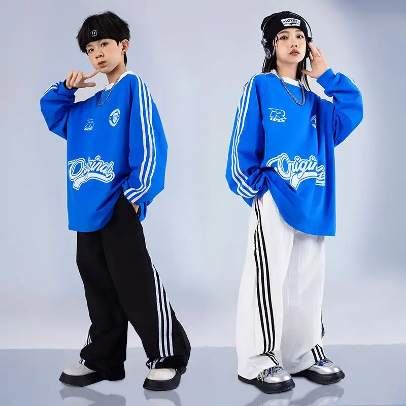 Kids Hip Hop Dance Performance Set Girls Stage Performance Fashion Blue Top Boys Dance Costumes