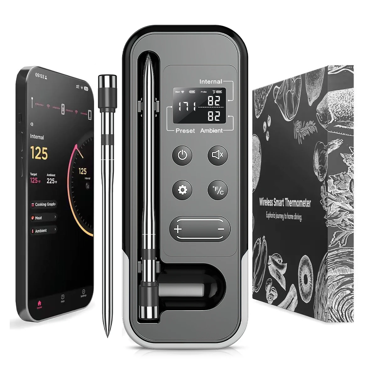 Smart Bluetooth BBQ Thermometer Wireless Meat Probe Kitchen Cooking Thermometer for Grill Oven Food Temperature Monitoring Alarm