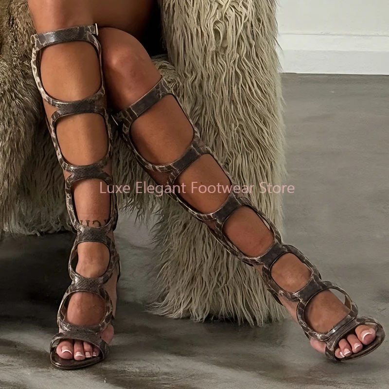

Patchwork Snake Print Hollow Knee High Sandals Boots Women Open Toe Buckle Strap Thin High Heels Sexy Party Gladiator Sandals