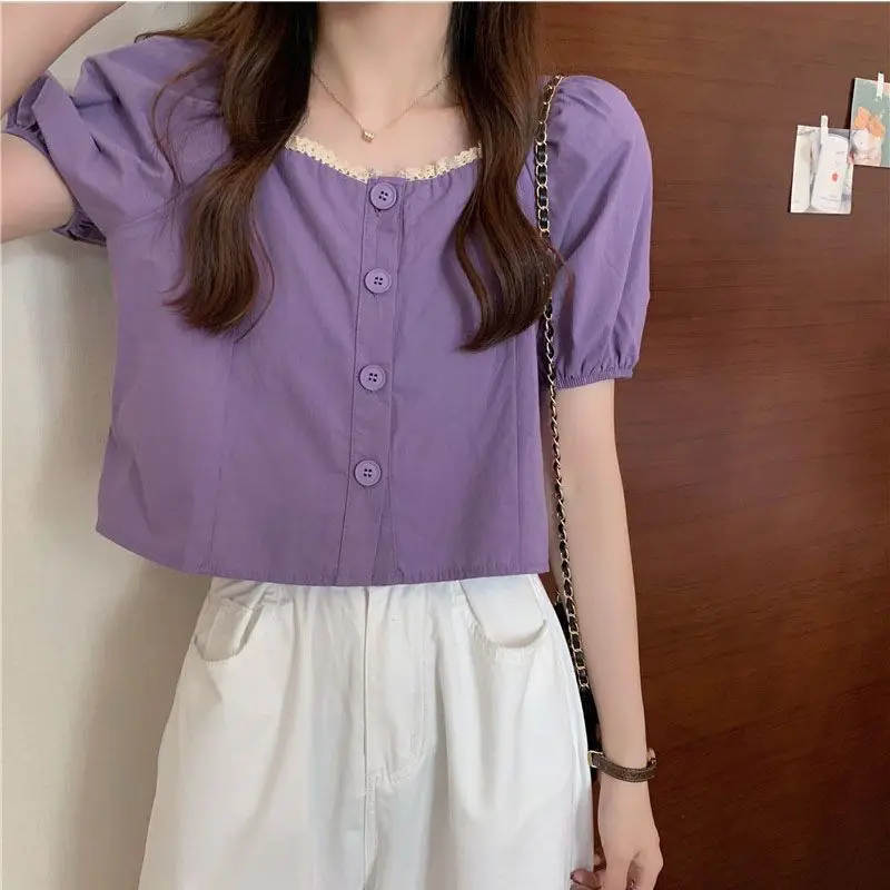 Women Summer Simplicity Trend Solid Color Square Collar Short Sleeve Shirts Women Clothes Casual All-match Appear Thin Top Tee