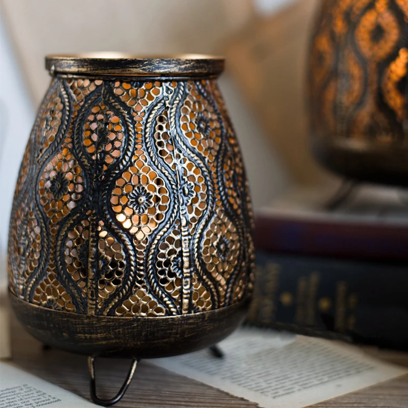 Retro black gold hollow-out carving candlestick lantern candle night light interior home decoration accessories