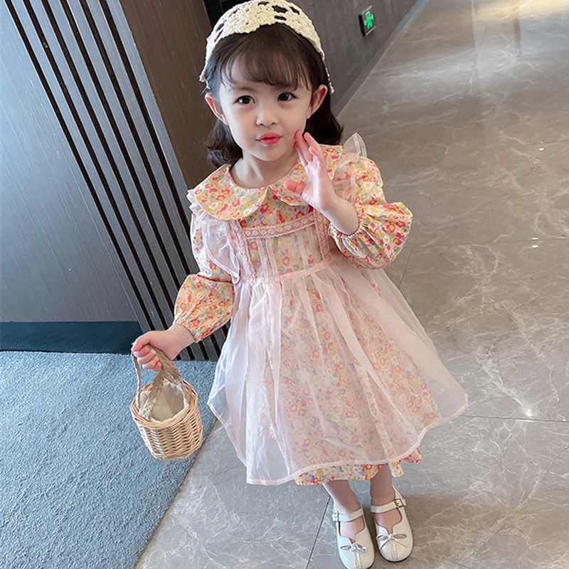 Spring Autumn New Children Girls Clothing Sets Cute Floral Dress+ Mesh Cover Dress Baby Clothes Suit Girls Fashion Kids Outfit