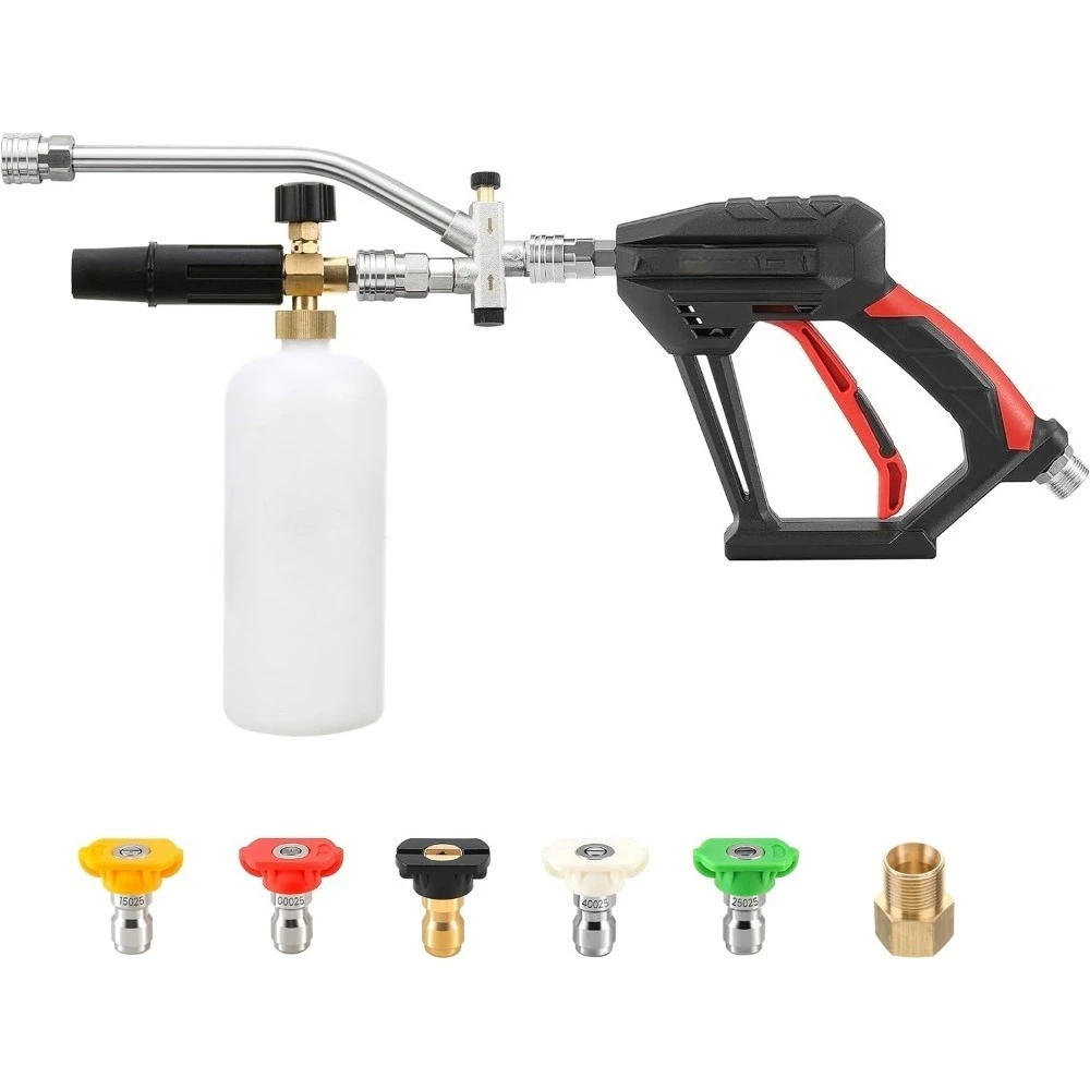 

Short Pressure Washer Gun with Foam Cannon, Dual Connector Accessory, 1/4 Inch Quick Connect, 5 Spray Nozzle Tips, 1 Liter