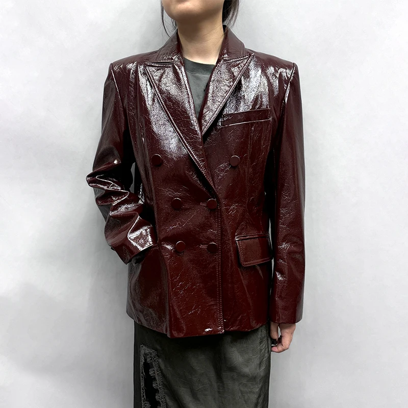 2024 Autumn New Arrivals Women\'s Genuine Sheepskin Leather Coat Fashion Patent Leather Jacker Shiny Lady Suit