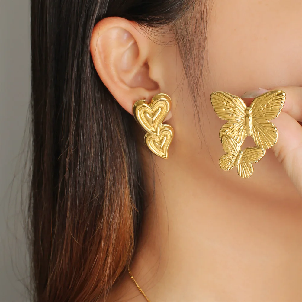 

DIY accessories French vintage In-style double butterfly love earrings stainless steel niche high-end elegant trend peach heart