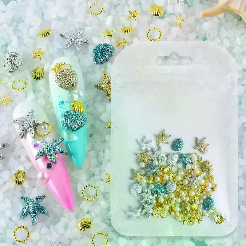 Ocean Nail Charms 3D Metal Resin With Pearls Decoration Gold Silver Blue Shell Starfish Rivet Jewelry Nail Art Accessory Summer