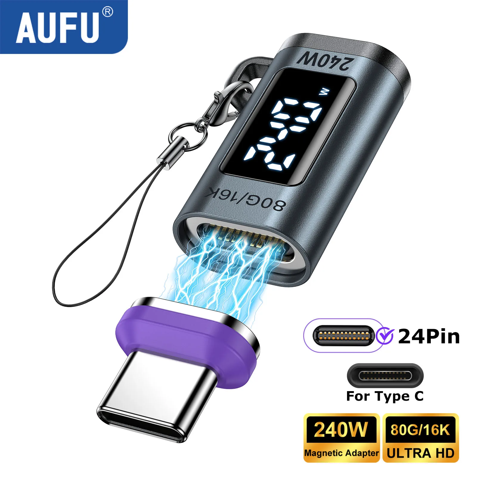 AUFU 240W Magnetischer Adapter mit Digitalanzeige USB-C zu Typ-C Adapter Schnellladung USB4 Anschluss 80Gbps für Thunderbolt5 iPhone16