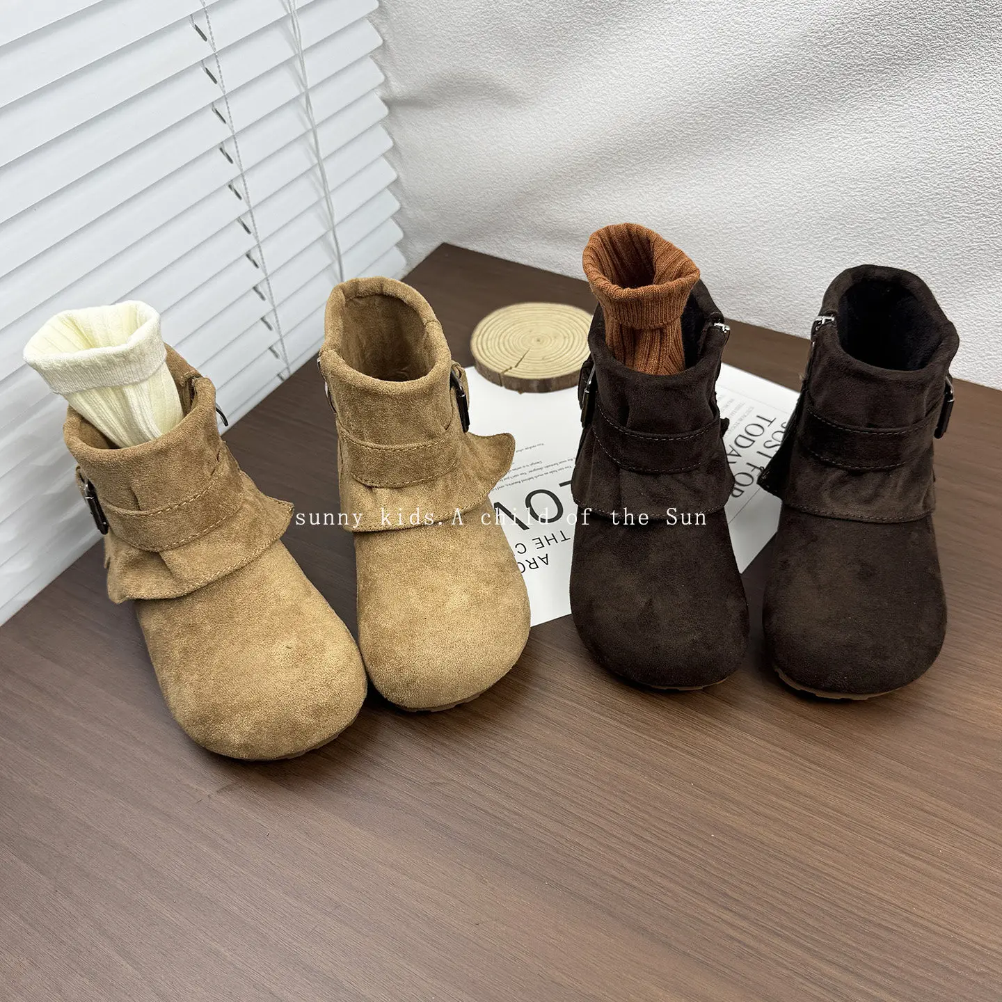 New Girls Suede Ankle Boots Vintage Buckle Strap Slouch Ankle Booties Kids Retro Casual Flat Shoes Round Toe Slip On Short Boots
