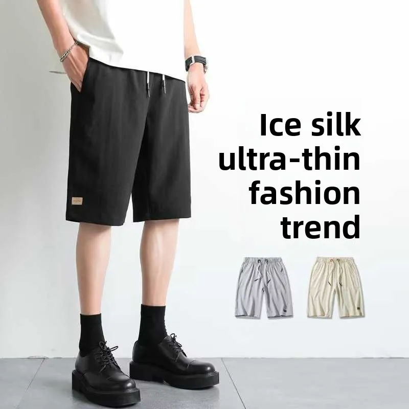 

Men's Summer Ice Silk Thin Five-Quarter Casual orts Qui Dry Beach Baskeall Sports Pants Straight Leg Tube Foot Zipper