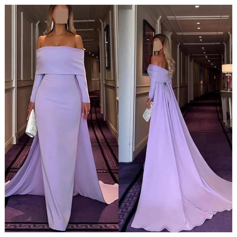 

Customized Simple Light Purple Jersey Evening Dress Modern Boat Neck Off the Shoulder Long Sleeves Prom Dress Fashion