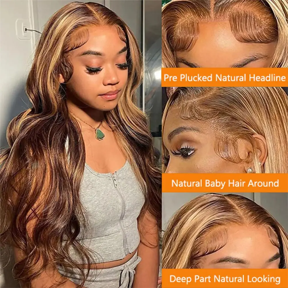 Destaque Ombre Lace Front Wig, 13x6 HD Lace Frontal Peruca, 30 ", 180 Densidade, Peruca de cabelo humano, 4 27 peruca colorida