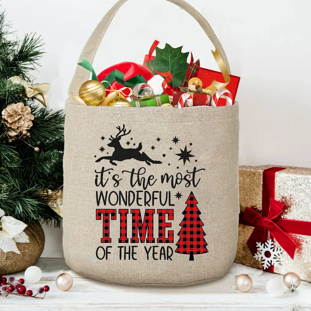 It's The Most Wonderful Time of The Year Print Christmas Bag Xmas Kids Candy Gift Hand Bags Child Christmas Toy Sack Bucket Bag