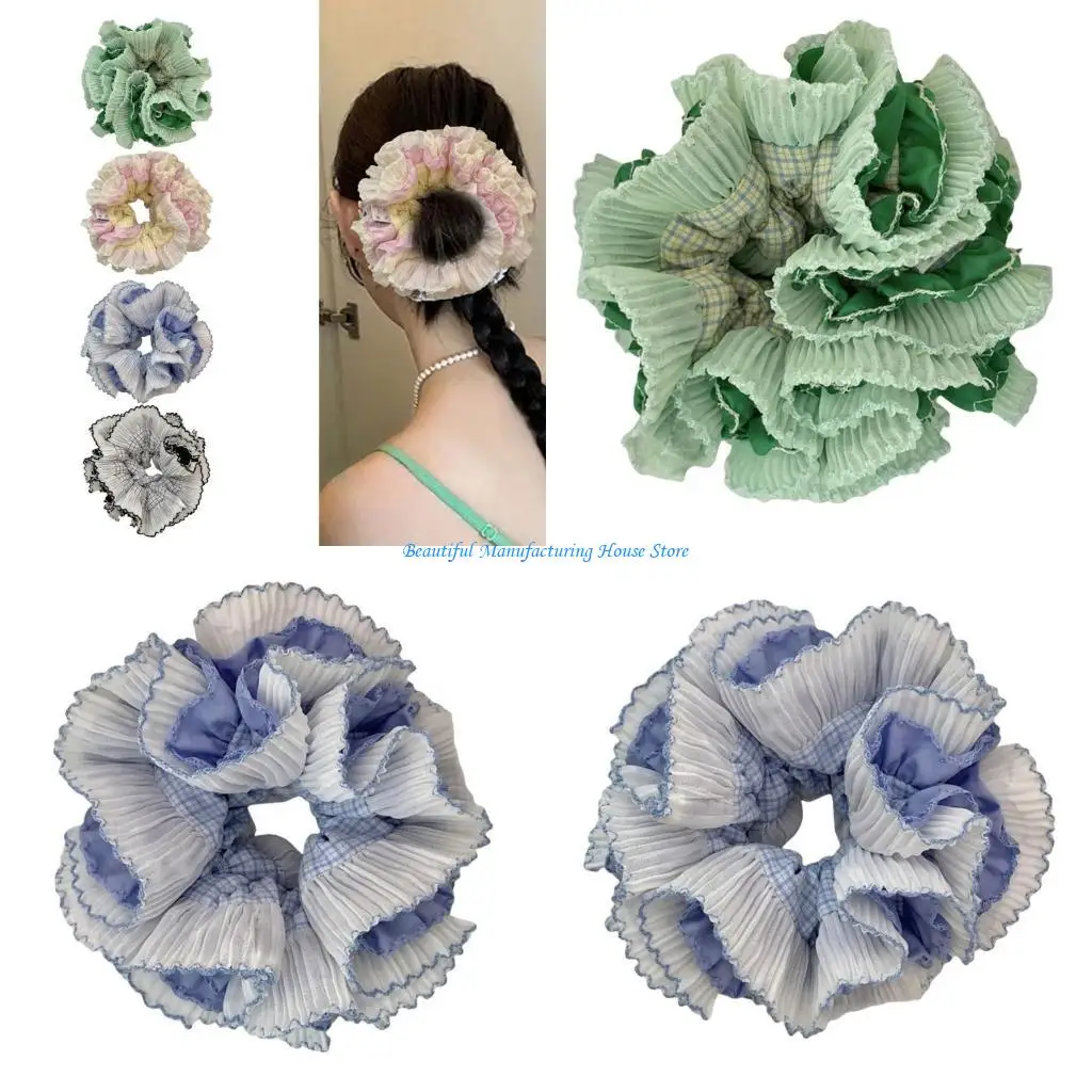 

E56A Popular Lace Scrunchy French Aesthetic Checked Hair Scrunchies Hair Accessories