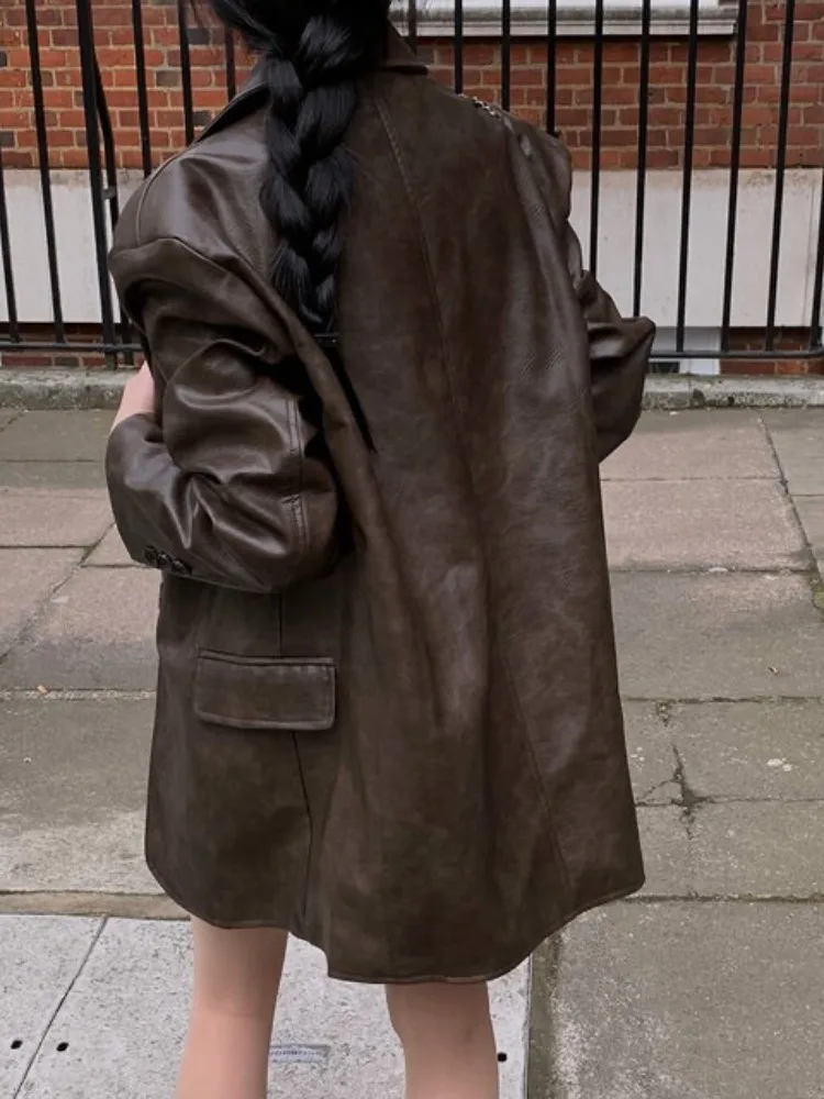 Elegante Giacca in Ecopelle Marrone Autunno Inverno, Cappotto Retrò Americano alla Moda per Donna, Vestibilità Regolare, Stile Urbano