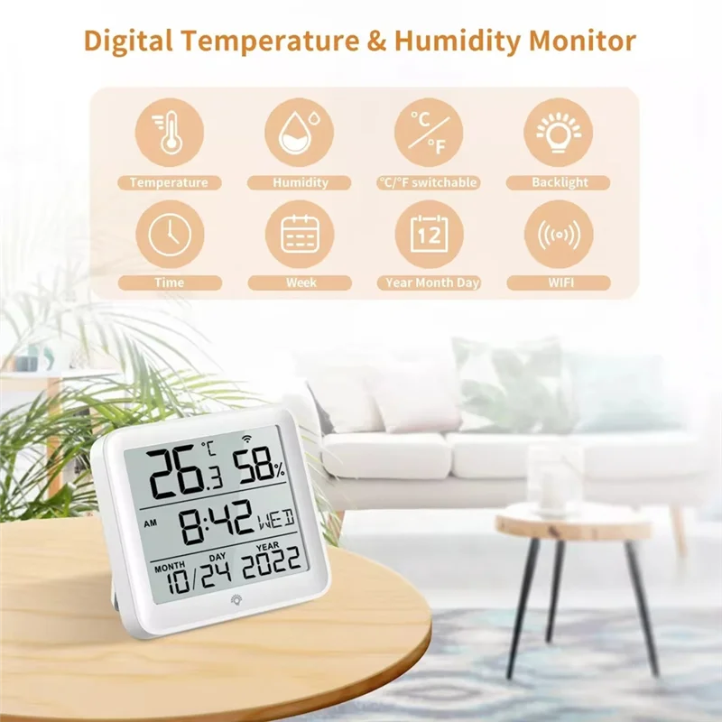 Applia-digital tuya wifi relógio de tempo data termômetro higrômetro backlight temperatura e sensor umidade display