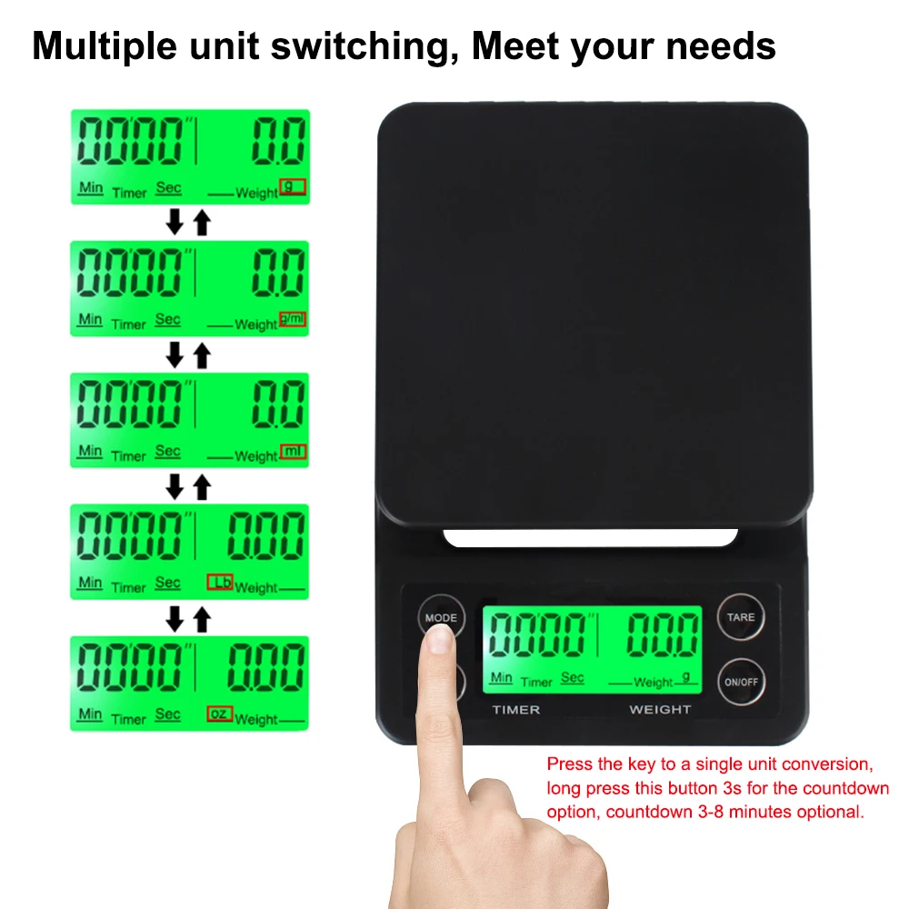 With Timer 3kg 0.1g For Food Balance Weighing Electronic Coffee Scale Digital LCD Precision Kitchen Accessories Kitchen Scales