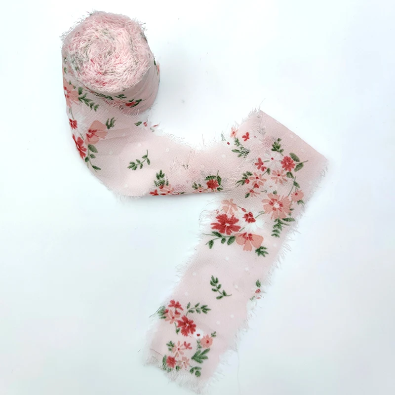 Printed Flower Silk Chiffon Ribbon Wedding Hand Torn Raw Edge Rural Wind Snow Spun Small Fresh Bouquet Ties Broken Tassel Ribbon